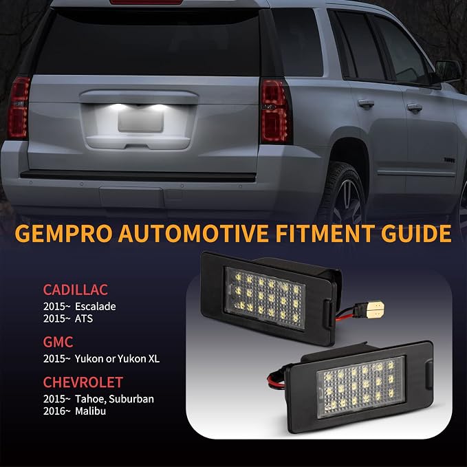 Gempro LED License Plate Lights Lamp Assembly, LED Rear Tag OEM Lamp Replacement Compatible with Chevy Tahoe Suburban Malibu/GMC Yukon XL/C-adillac Escalade ATS, White LED Lights - Pack of 2
