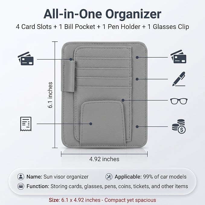 1 PC Car Sun Visor Organizer, Multifunctional Visor Storage with Card Slots and Pen Loop, for Sunglasses Documents and Cards, Universal for Most Cars, SUVs, Trucks (Gray)