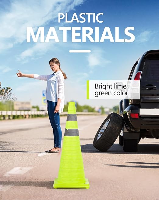 BATTIFE [2 Pack] 28 Inch Collapsible Traffic Cones, Lime Green Safety Cones, Pop-up Cones with Reflective Collar, for Driving Practice,Road Parking (Green)