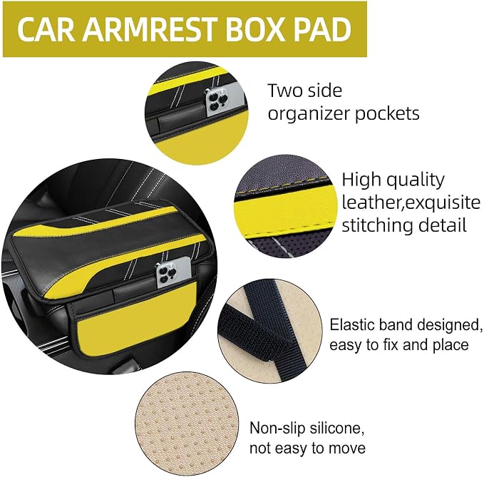 NBTEPEM 6 Pcs Yellow Car Accessories Set, Sport Leather Steering Wheel Cover 14.5-15inch Universal, Microfiber Leather Car Center Console Cover, Seat Belt Cushion, Cup Holder Coaster (Black-Yellow)