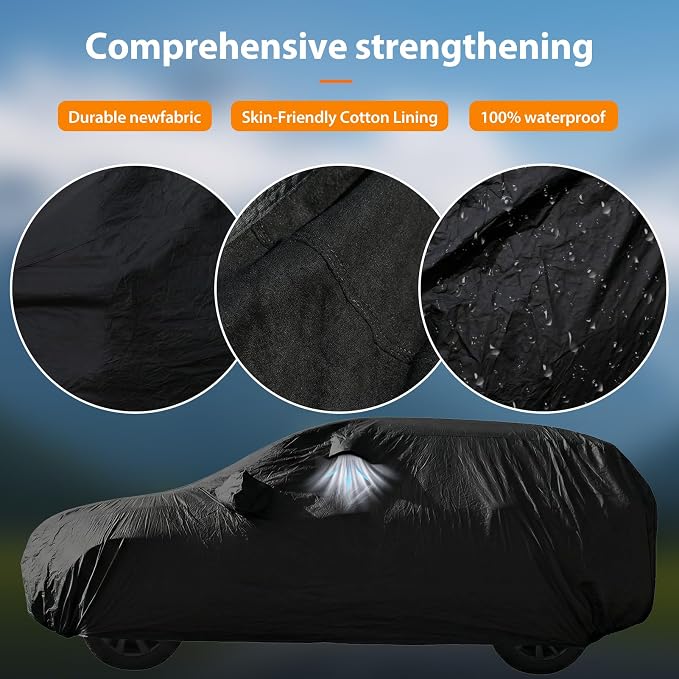 SUV Car Cover Waterproof All Weather, Full Exterior Outdoor Car Cover Up to 187 in with Door Zipper, Windproof Straps, UV Rain Snow Dust Protection (Black)
