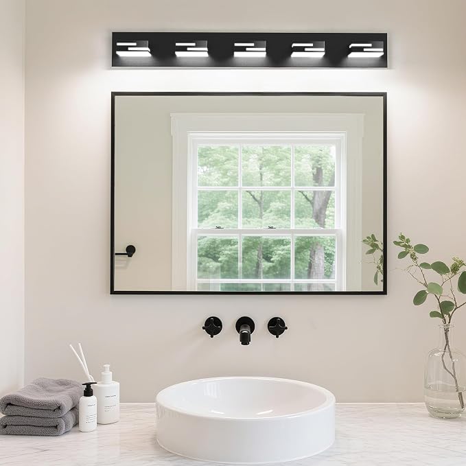 LED Modern Bathroom Vanity Light Fixtures, Dimmable Matte Black Vanity Lights for Bathroom Lighting Fixtures Over Mirror, with 360° Rotatable Acrylic Heads 5-Light 36-inch (Cool White 6000K)