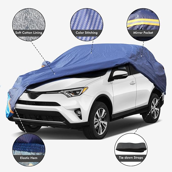 Car Cover Waterproof All Weather, 6 Layers Outdoor Full Exterior Cover Rain Sun UV Snowproof Protection with Zipper Cotton, Mirror Pocket for Toyota RAV4