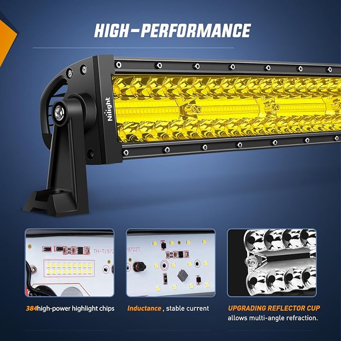 Nilight 50 Inch LED Light Bar 384 LED Chips Yellow Beam Curved Triple Row Fog Light Spot Flood Combo High Power LED Driving Lights Off Road Lights for Trucks SUV UTV ATV Truck Van 4x4 Boat