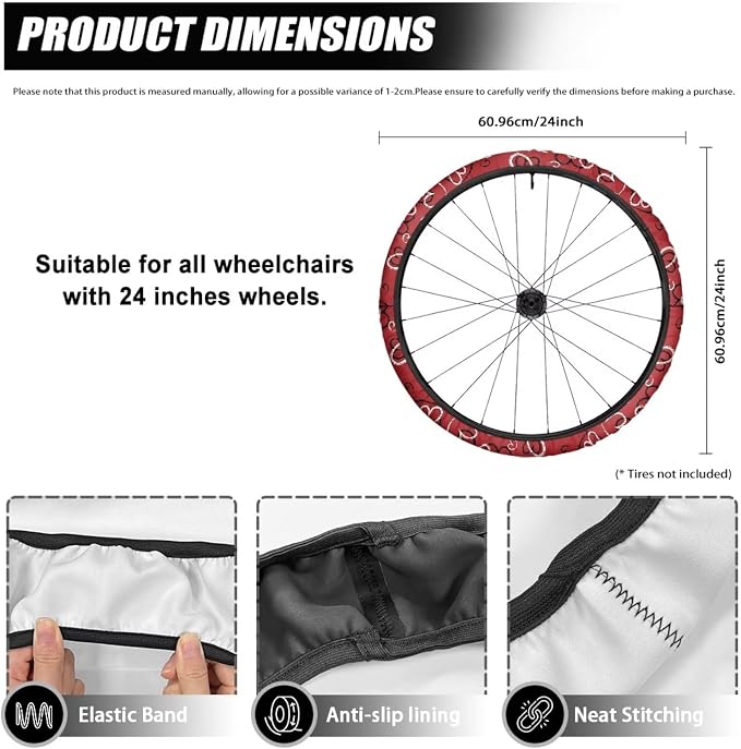 Cute Red Heart Wheelchair Wheel Covers for Valentines Day 2 PCS Wheelchair Tyre Covers Neoprene Wheel Cover for Transport