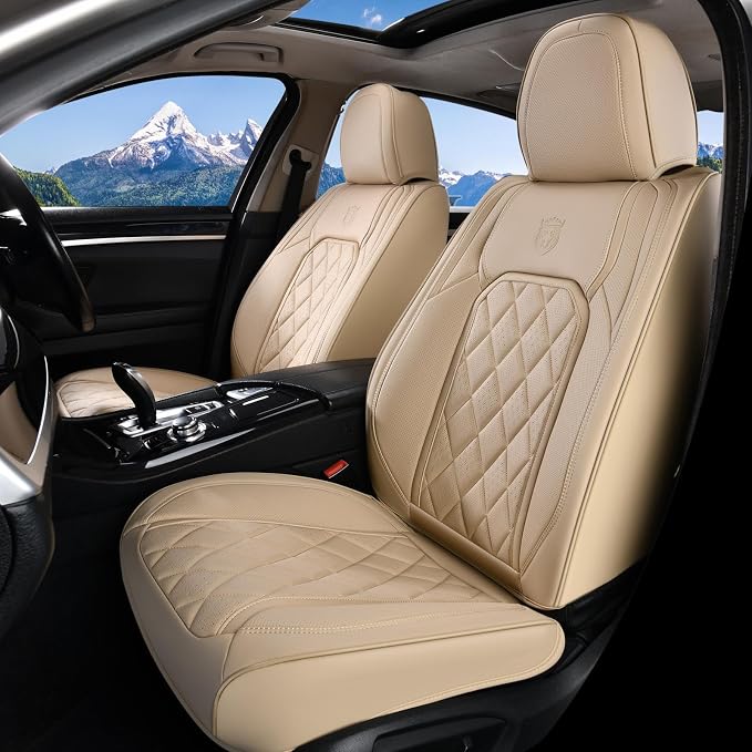 Coverado Car Seat Covers Full Set, 5 Seat Universal Seat Cover for Cars, Luxury Faux Leather Waterproof Seat Covers, Front and Back Car Seat Protector, Auto Seat Covers Fit for Most Vehicles, Beige