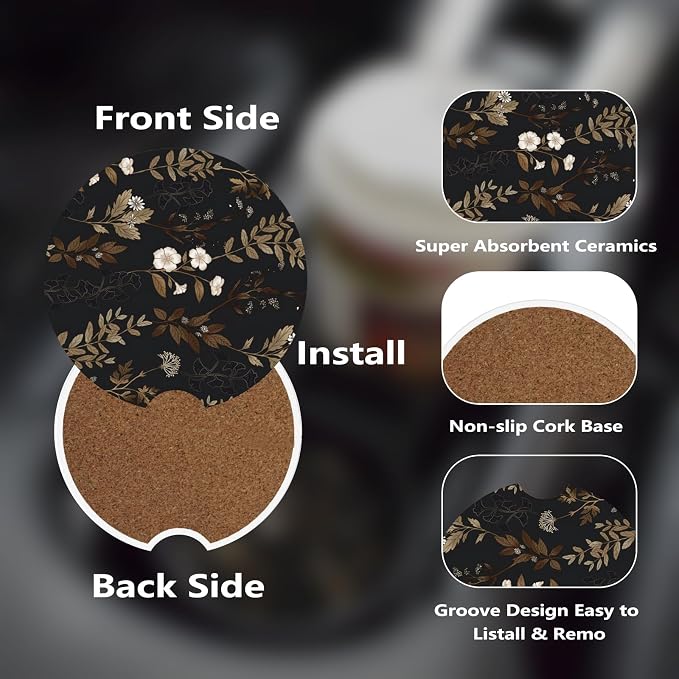 Ceramic Car Cup Coasters 2PCS - Little White Flower | with Cork Back & Finger Slot, Anti-Slip Shock Absorbing, Universal Car Interior Accessories for Men Women