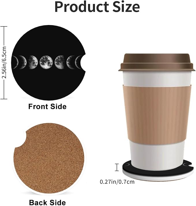Moon Art Car Cup Holder Coasters 2 Pack 2.63" for Women | Universal Anti Slip Ceramic Absorbent Coaster with Cork Base and Finger Notch Cute Car Accessories Interior