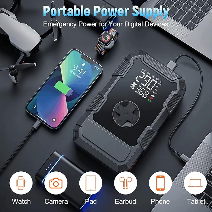 4000A Car Jumper Starter Portable with Air Compressor, 12V Battery Jump Starter with Tire Pump 150PSI for 10L Gas Diesel Engines, Car Battery Jumper Box Pack Combo with LED Light, Father Day Gift