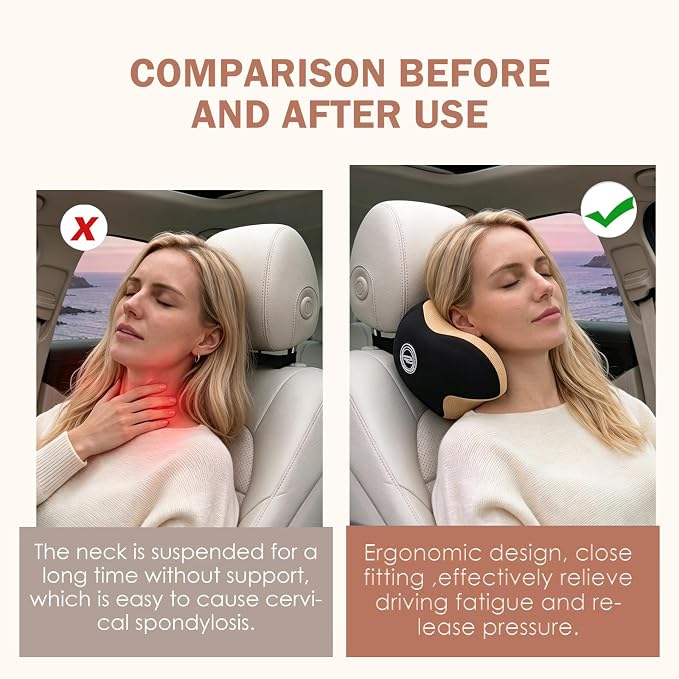 Really Helpful Car Headrest Pillow, Car Neck Pillow for Sleeping with Adjustable Strap, 100% Memory Foam & Breathable Removable Cover, Ergonomic Design - Softness Travel Car Pillow(Beige, 1PC)