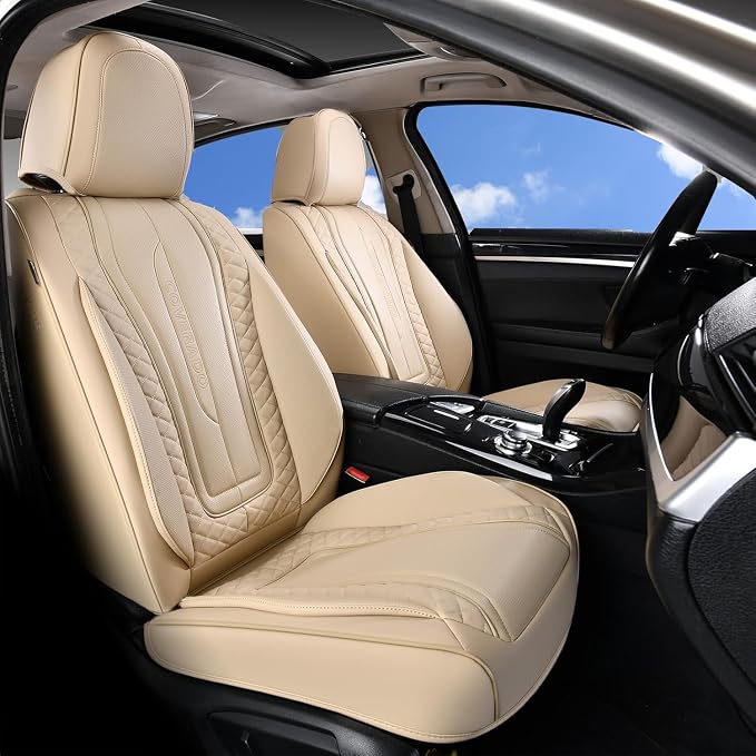 Coverado Car Seat Covers for Front Seat, Leather Seat Covers for Cars, Front Seat Covers, Waterproof Car Seat Protectors Car Seat Cushions Universal for Most Vehicles, Beige