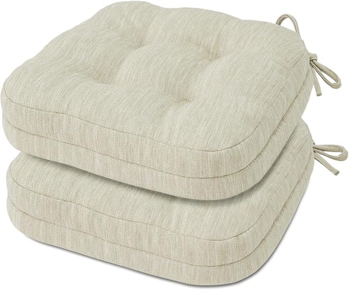 Shinnwa Kitchen Chair Cushions Set of 2, Dual-Layer Memory Foam Dining Chair Cushions, Patented Design Seat Pads with Ties, 16.5 x 16.5 x 3.5in, 2 Pack, Ivory