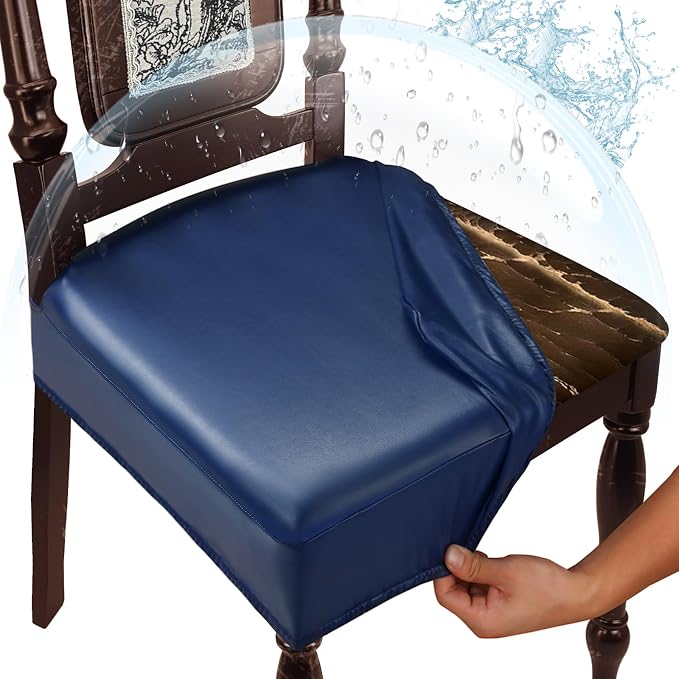 Waterproof Dining Chair Seat Covers Leather Kitchen Seat Covers, Stain Resistant Stretch Chair Seat Covers for Dining Room Chairs Set of 8, Rear Covered Washable Dining Chair Covers Navy