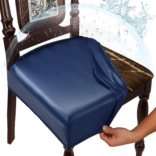Waterproof Dining Chair Seat Covers Leather Kitchen Seat Covers, Stain Resistant Stretch Chair Seat Covers for Dining Room Chairs Set of 4, Rear Covered Washable Dining Chair Covers Navy