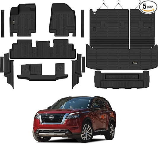 Floor Mats & Cargo Mat with Backrest Mat Custom for Nissan Pathfinder 2022-2025 2026 7&8 Seats, Door Sill Guards, All Weather TPE Full Set Floor Liners Trunk Mat for Pathfinder 2025 Accessories