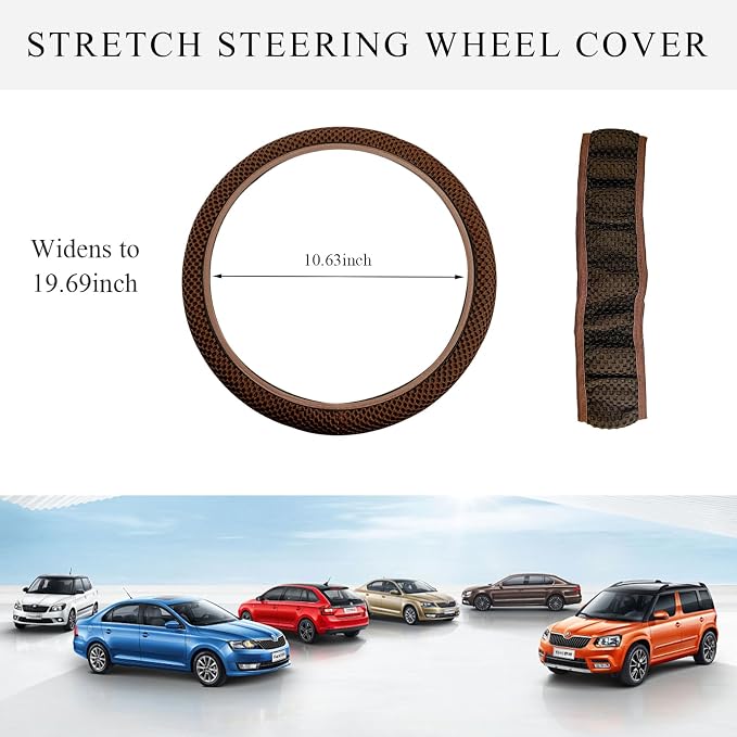 Yourkar Elastic Steering Wheel Cover, 15"×15" Comfy Breathable Stretch Steering Wheel Protector, Ice-Silk Cloth Polyester Steering Wheel Cover for Men Women, Car Accessories (Brown)