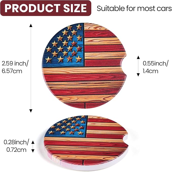 2 Pack American Flag Car Coasters for Men Women Car Cup Holder Coasters, 2.63 Inch Anti Slip Ceramic Absorbent Coaster with Cork Base and Finger Notch, Funny Car Accessories Interior