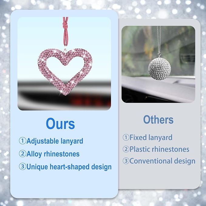 Bling Heart Car Hanging Accessories, Car Accessories for Women, Bling Rear View Mirror, Universal Bling Heart Diamond Car Accessories for Cars, Trucks, SUVs (Pink)