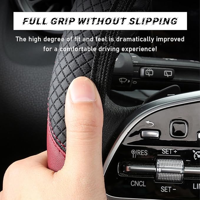 povtii Car Steering Wheel Cover, 15 Inch Leather Breathable Auto Steering Wheel Protector, Comfortable Non-Slip Vehicle Steering Wheel Covers, Universal Interior Car Accessories (Wine Red)