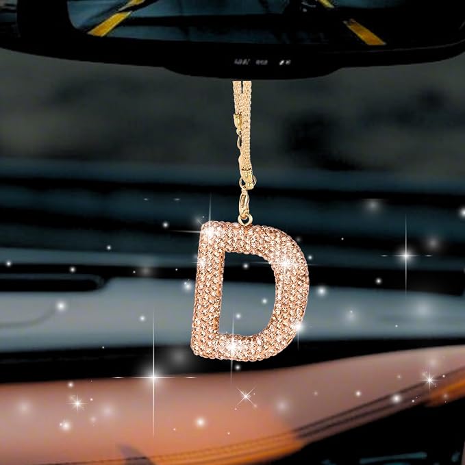 Bling Car Accessories for Women Letter Charm, Rainbow Crystal Rearview Mirror Pendant, Cute Diamond Rhinestone Car Decor, Lucky Gift for Women(D, Champagne Gold)