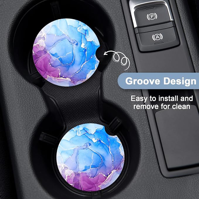 Nipichsha Car Coasters for Cup Holders, 2 Pack Absorbent Ceramic Car Cup Holder Coaster for Drinks, Cute Auto Assecories for Women Men, Size 2.56 in with Finger Notch & Cork Base, Blue Marble
