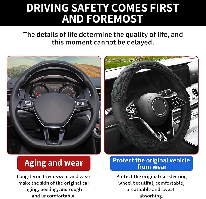 15 Inch Leather Steering Wheel Cover, Automotive Accessories Breathable Anti-Slip Elastic Soft Wheel Protector, Fit for Most SUVs Trucks and RVs (Black)
