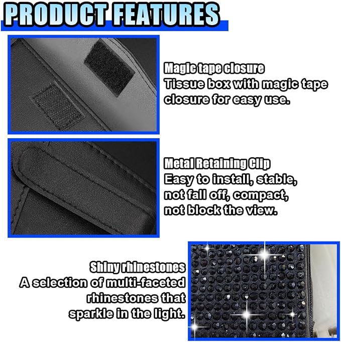 Bling Car Sun Visor Tissue Box Holder, PU Leather Auto Paper Towel Cover, Glitter Crystal Rhinestone Napkin Holder, Car Decoration Accessories for Women (Black)