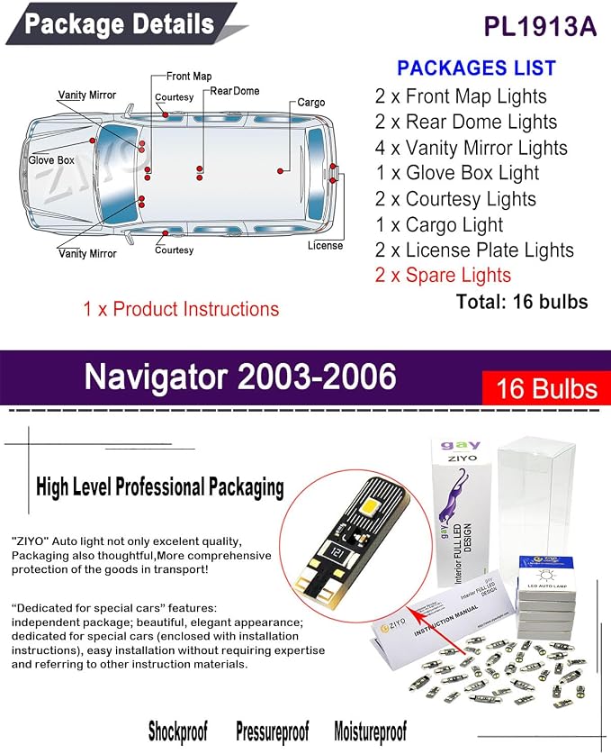 PL1913A Replacement for Lincoln Navigator 2003-2006 LED Interior Light kit, 6000K White Dome Lights Accessories Package + License Plate Light Bulbs Upgrade (16 Bulbs)