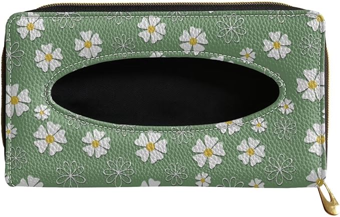 Daisies Backseat Tissue Case Holder Hanging Visor Tissue Holde PU Leather Tissue Box Napkin Holder Green