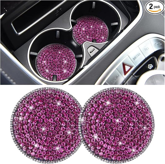 Bling Car Cup Holder Coaster, 2PCS 2.75 Inch Crystal Rhinestone Anti Slip Vehicle Drink Cup Mat for Women Girls, Auto Interior Embedded in Ornaments. Universal for SUV RV Truck (Dark Pink)