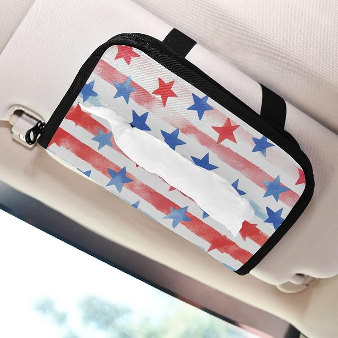 Car Visor Tissue Holder Mask Holder for Car, Car Tissue Box Sun Visor Napkin Holder Car Visor Accessories Adjustable Straps Reusable Durable Easy to Install July 4th Stripes Stars White