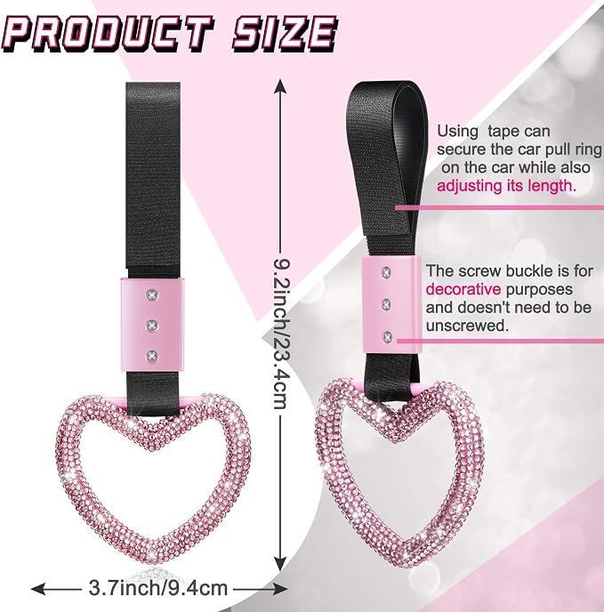 Fabbay Bling Car Accessories Bling Heart Handle Ring Car Accessory for Women Hand Strap Drift Charm Rear Bumper Warning Ring Decor for auto Bus Interior Exterior Decoration (Pink, Heart Style)