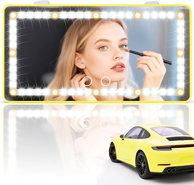 SINGARO Car Sun Visor Vanity Mirror - Rechargeable Makeup Mirror with 60 LEDs, 3 Light Modes & Dimmable Touch Control for Cars, Trucks, SUVs, Car Interior Accessories for Women (Yellow)