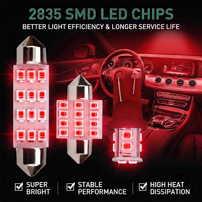 24 PCS LED Car Interior Bulb Kit, Dome Light Fits 194 T10 DE3175 578 31mm 42mm Size Replacement for Map License Plate Door Side Marker Cornering Trunk Lights (Red)