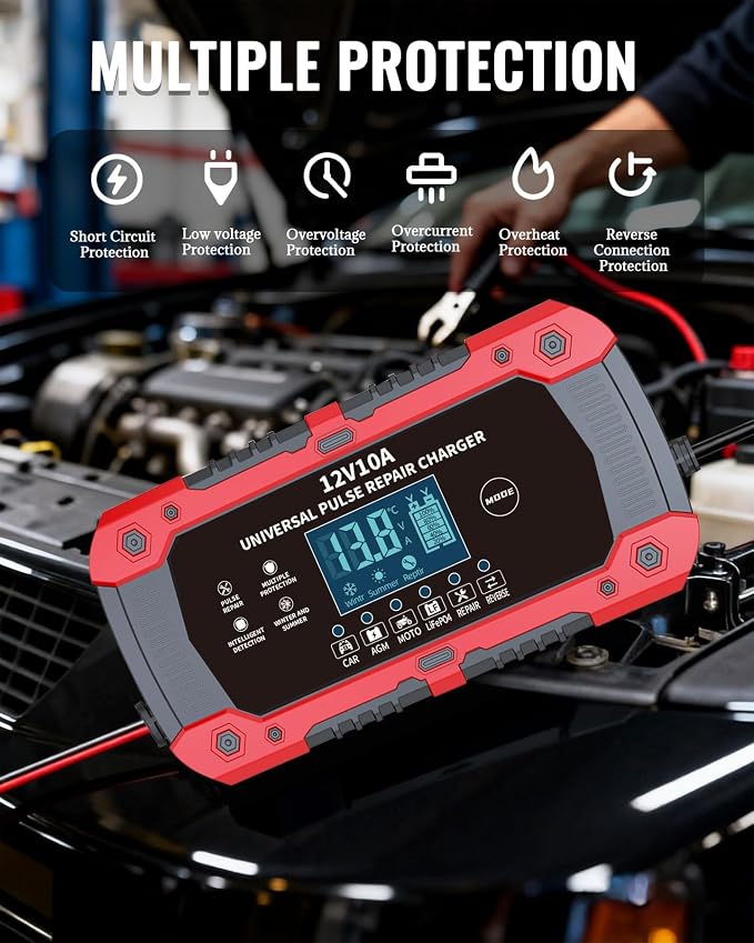 Car Battery Charger 12V 10A - 3-Stage Automatic Trickle Charger Smart Battery Maintainer with LCD Display, Pulse Repair for CAR/AGM/Moto/LiFePO4 Batteries, Compatible with Car Motorcycle ATV