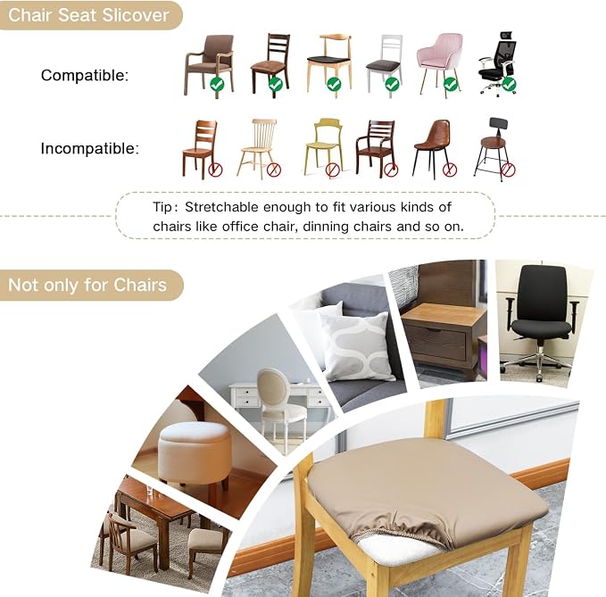 Leather Stretch Chair Seat Covers with Elastic Ties,Waterproof Dining Room PU Leather Chair Cover Seats,Removable Washable Chair Protector Seat Cushion Slipcovers for Home,Kitchen (khaki, 4 PCS)