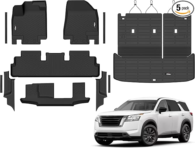 Floor Mats & Trunk Mat with Backrest Mat for 2022-2026 Nissan Pathfinder | All Weather TPE Rubber Cargo Liner Back Seat Cover 3rd Row for 2022-2026 Pathfinder 7&8 Seats Car Floor Liners Accessories