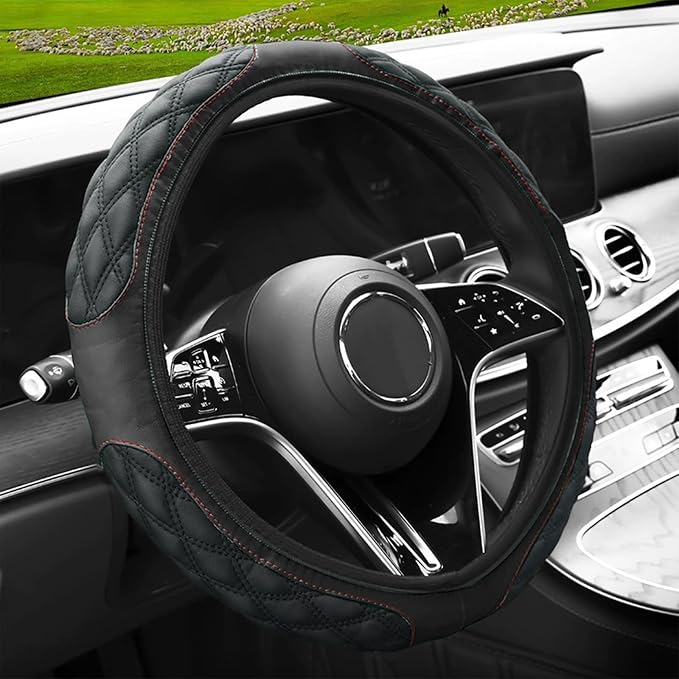 15 Inch Leather Steering Wheel Cover, Automotive Accessories Breathable Anti-Slip Elastic Soft Wheel Protector, Fit for Most SUVs Trucks and RVs (Black)