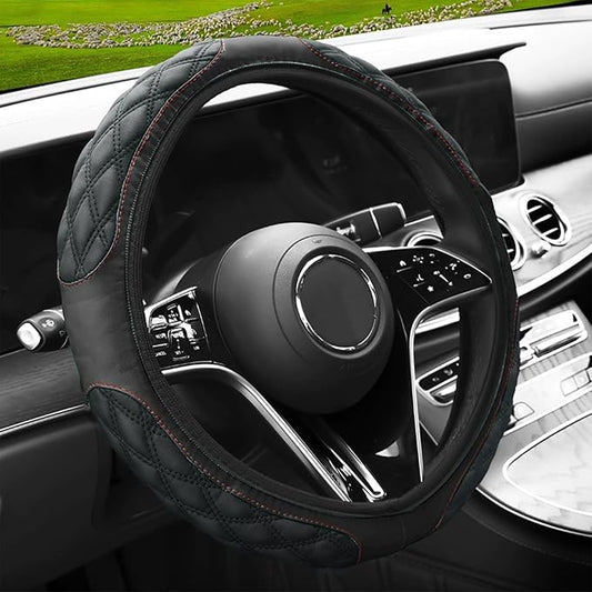 15 Inch Leather Steering Wheel Cover, Automotive Accessories Breathable Anti-Slip Elastic Soft Wheel Protector, Fit for Most SUVs Trucks and RVs (Black)