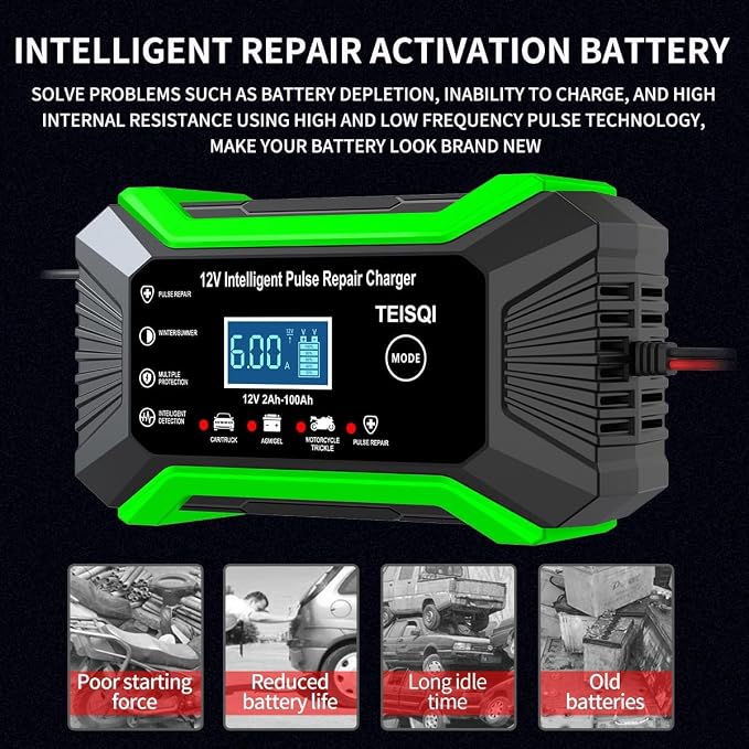 Car Battery Charger, 12V 6A Smart Battery Trickle Charger Automotive 12V Battery Maintainer Desulfator with Temperature Compensation for Car Motorcycle Mower Marine Lead Acid Batteries (Green)