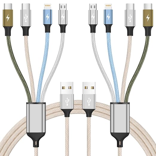 4 in 1 Multi Charging Cable, 2 Pack 6FT Charging Cords for Devices | Nylon Braided USB C Car Charger Cable with Dual USB-C, IP & Micro Ports, Long Travel Charging Cord for Cars