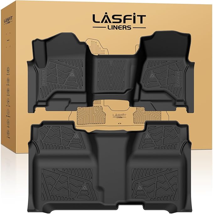 LASFIT Floor Mats 2014-2018 for Chevy Silverado/GMC Sierra 1500, 2015-2019 2500HD 3500HD (Crew Cab Only/Bench Seat Only) All Weather TPE Custom Fit Car Floor Liners, with Carpet Floor Only