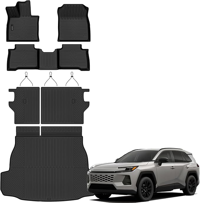 Auxko All Weather Floor Mats Cargo Mat with Backrest Mat for 2026 Toyota RAV4 Hybrid(Not for Phev Fits w/or w/o subwoofer) All Season TPE Accessories Odorless Anti-Slip