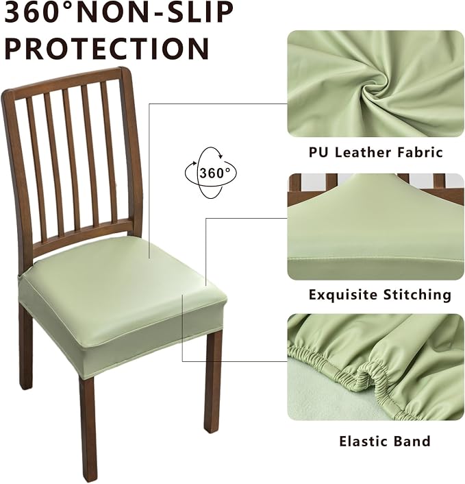NILUOH Waterproof Seat Covers for Dining Room Chairs Set of 6, Pu Leather Chair Seat Slipcovers Dining Chair Cover Removable Washable Chair Protctor Cover, Rear Covers (PU-Light Green)