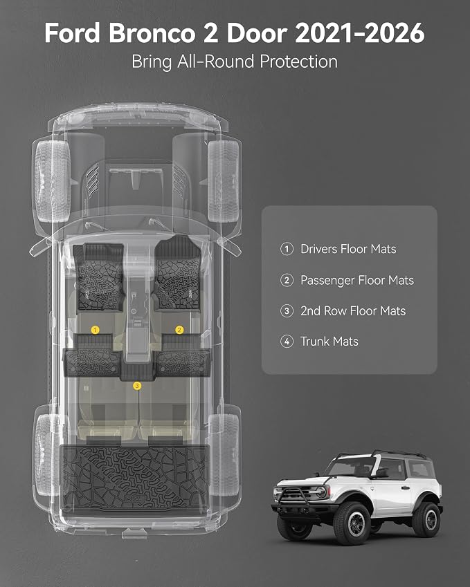 3W Floor Mats & Cargo Liner Fit for 2021-2025 2026 Ford Bronco 2 Door All Weather TPE Car Accessories Custom Fit Floor Liner and Full Set Car Mats (Not for Bronco Sport & Rubberized Floor)