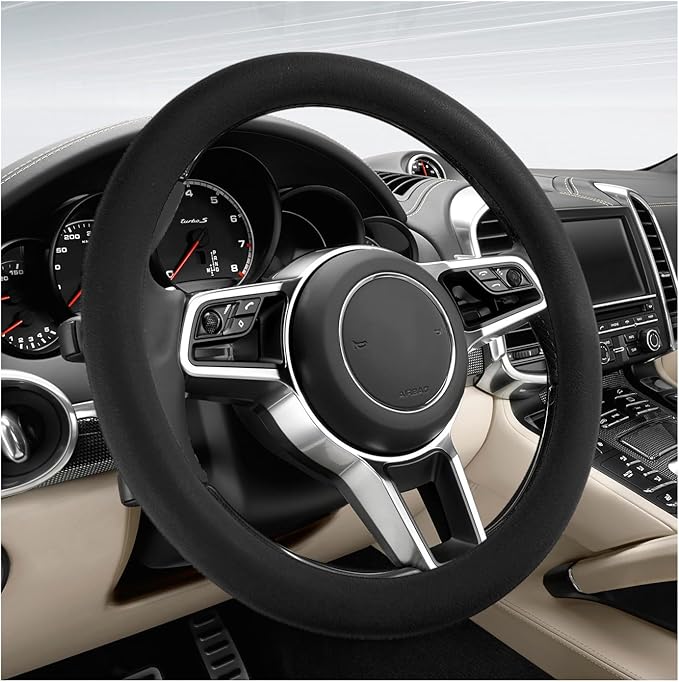 DXNQ Car Steering Wheel Cover, 13 to 14.17 inches Anti-Slip Silicone Steering Wheel Protector, Soft Flexible Shock-Absorbent Steering Wheel Protective Cover for Most Car Models (Black)
