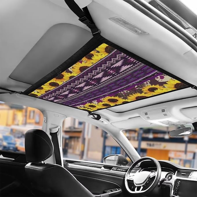 Dreaweet Sunflower Aztec Car Ceiling Cargo Net Pocket Storage Net,Purple Car Roof Storage for SUV Truck Mini Van,Car Ceiling Organizer Net Car Camping Accessories Road Trips Essentials