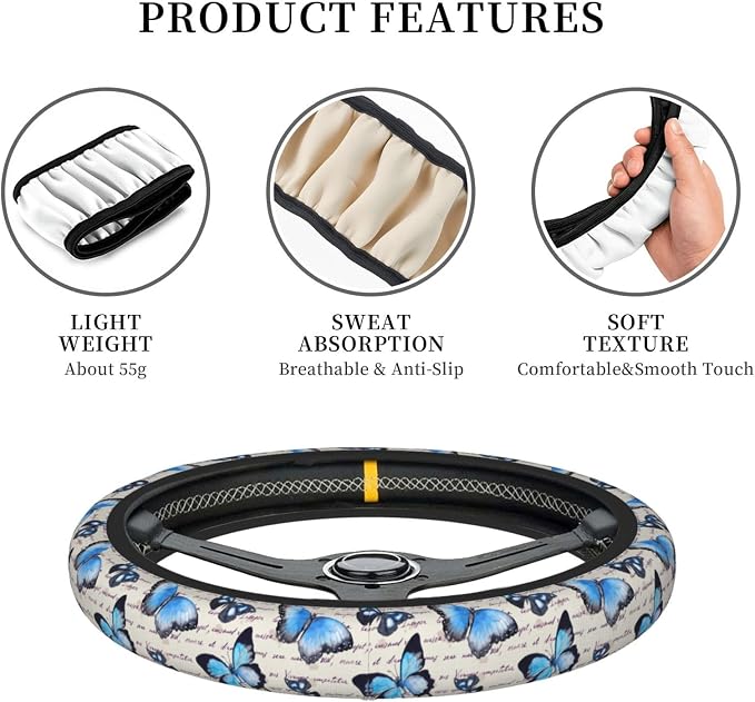 Vintage Butterfly Blue Steering Wheel Cover for Women Men Girls Car Accessories Decor Anti-Slip Neoprene Auto Steering Wheel Covers Protector Universal 15 Inch