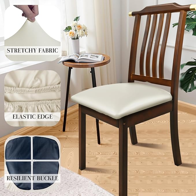 Pu Leather Dining Chair Seat Covers Set of 8, Waterproof Kitchen Chair Covers Stretch Chair Cover for Kitchen/Dining Room/Hotel, Tasteless seat Covers for Chairs (White - 8 PCS)
