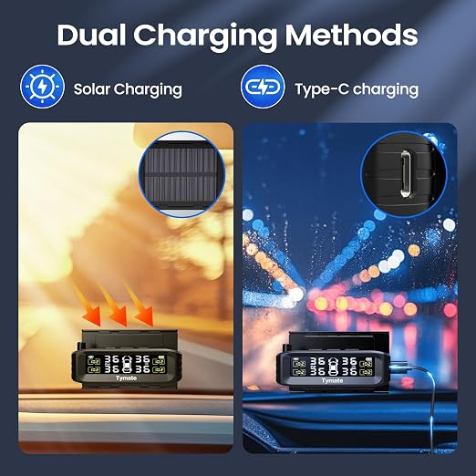Tymate TM8 Tire Pressure Monitoring System, Wireless Solar TPMS with 4 External Sensors & 6 Alarm Modes, Colorful Display, Easy to Intall on Windshield, Ideal for RV Sedan SUV MPV Truck (0-87 PSI)